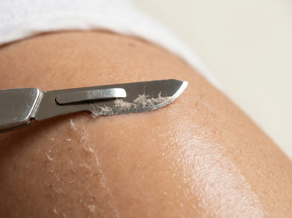 Dermaplaning removing dead skin cells and peach fuzz