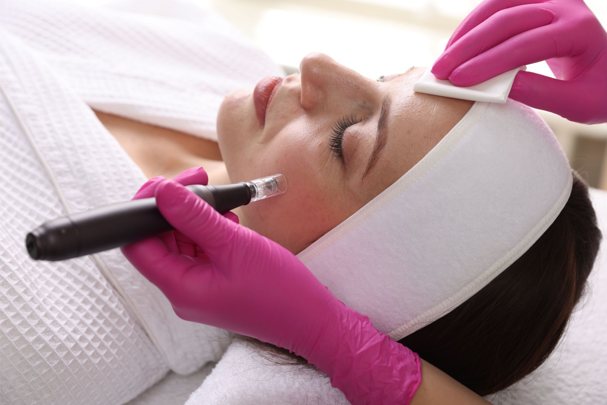 Microneedling treatment in progress at Vita Felice Medi Spa, showcasing a technician using a microneedling device on a client's face for skin rejuvenation.
