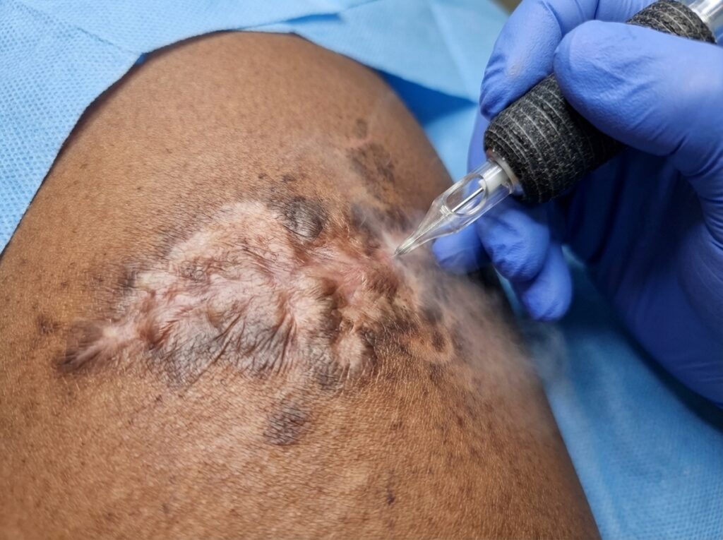 Skin needling treatment for burn scar reduction, close-up of device on scarred skin, emphasizing healing process.