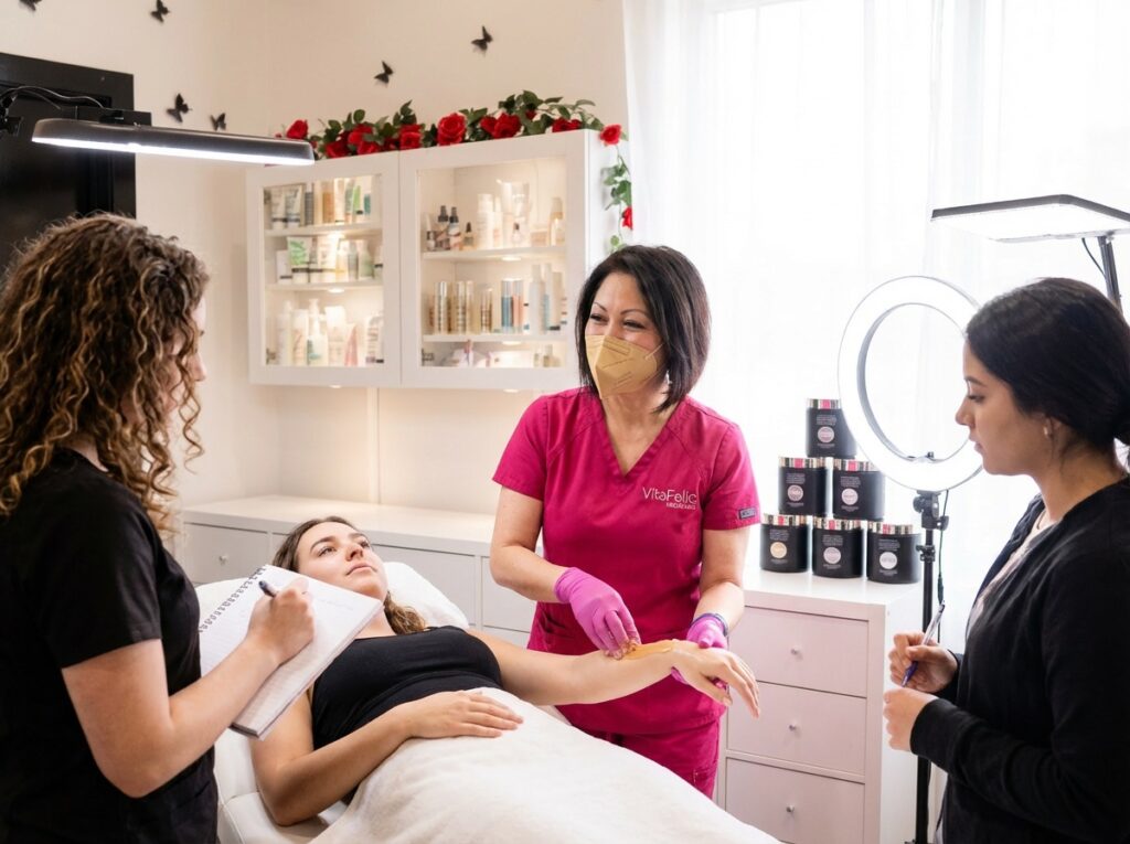 Students learning sugaring techniques in a beauty training class at Vita Felice Medi Spa, with an instructor applying sugar paste on a model's arm, surrounded by skincare products and educational materials.