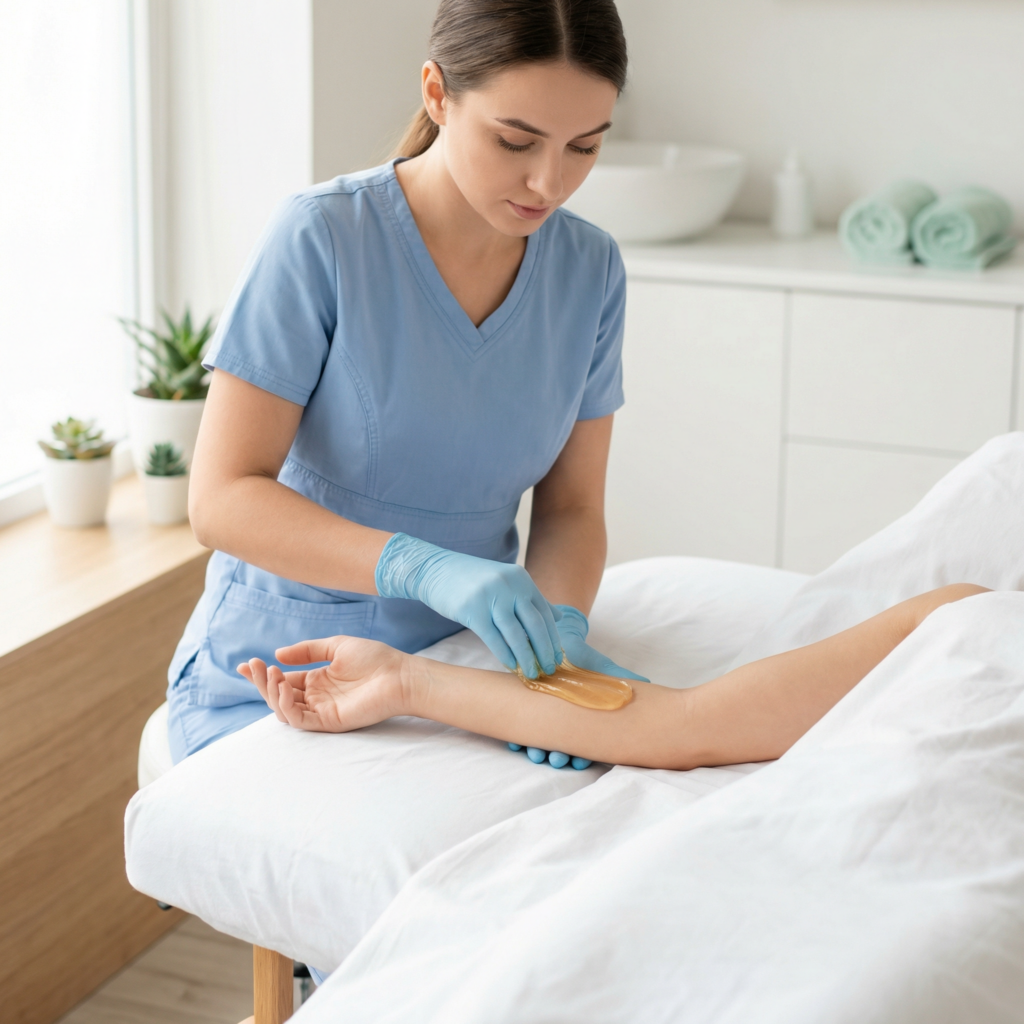 Beauty technician performing sugaring hair removal on a client's arm in a spa setting, emphasizing natural hair removal techniques and brow shaping services.