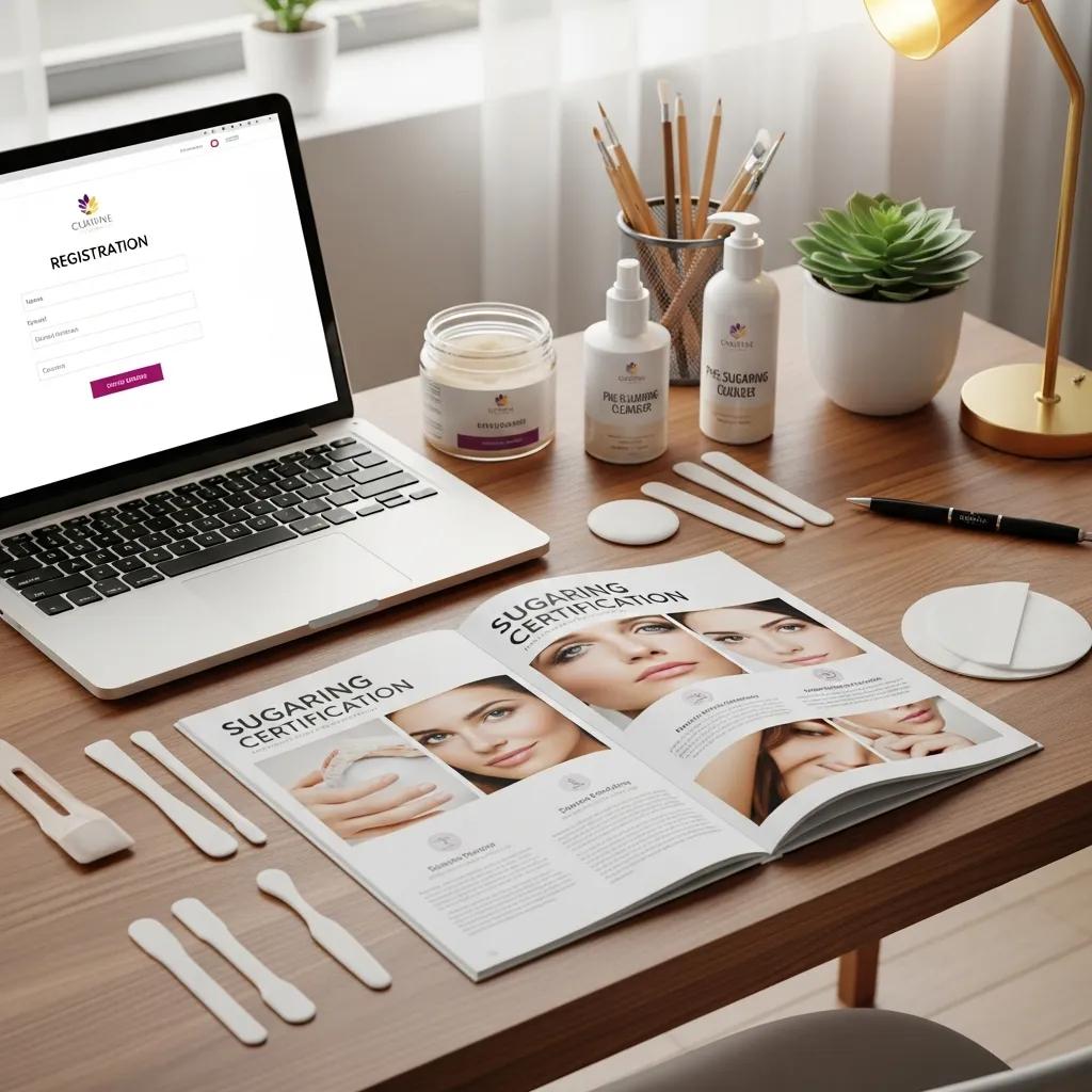 Laptop displaying registration form next to sugaring certification materials, beauty products, and tools on a stylish desk, emphasizing natural beauty training and sugaring techniques.